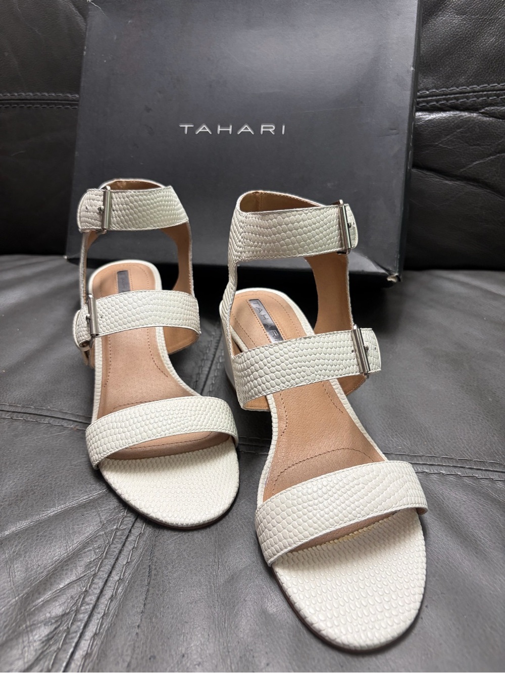 Tahari Cream Textured Triple-Strap Ankle Buckle Sandals